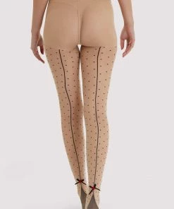 Playful Promises Hosiery Dotty Seamed Tights With Bow Light Beige/Black