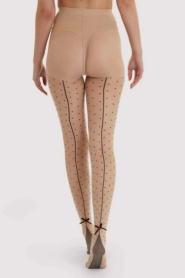 Playful Promises Hosiery Dotty Seamed Tights With Bow Light Beige/Black 3 Playful Promises Hosiery Dotty Seamed Tights With Bow Light Beige/Black