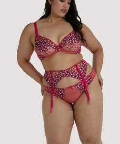 Playful Promises Cherry Embroidery Coral Suspender Belt