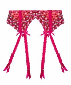 Playful Promises Cherry Embroidery Coral Suspender Belt