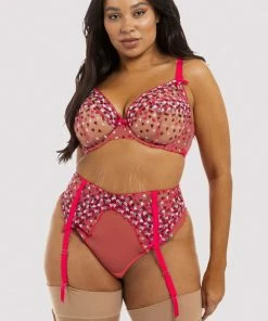 Playful Promises Cherry Embroidery Coral Suspender Belt