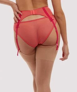 Playful Promises Cherry Embroidery Coral Suspender Belt