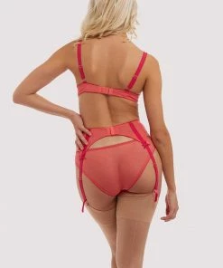 Playful Promises Cherry Embroidery Coral Suspender Belt