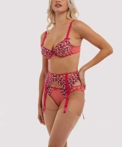 Playful Promises Cherry Embroidery Coral Suspender Belt