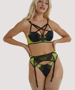 Playful Promises Suspenders Indigo Lime Satin And Lace Picot Suspender