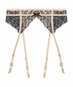 Playful Promises Skull & Roses Embroidery Peach Suspender Belt Suspenders