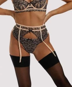 Playful Promises Skull & Roses Embroidery Peach Suspender Belt Suspenders