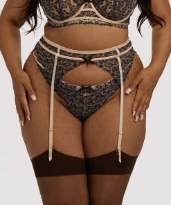 Playful Promises Skull & Roses Embroidery Peach Suspender Belt Suspenders
