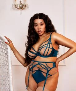 Playful Promises Ramona Teal Strap Detail Illusion Mesh Suspender Suspenders