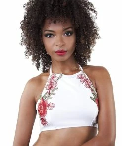 Playful Promises Embroidery High Neck Crop Bikini Top White