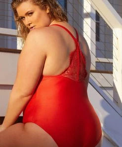 Playful Promises Hunter McGrady Plus Size/Curve Red Lace Detail Swimsuit