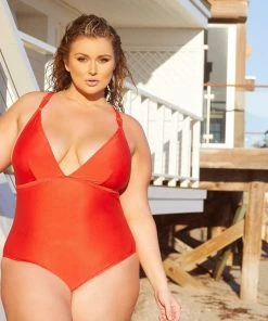 Playful Promises Hunter McGrady Plus Size/Curve Red Lace Detail Swimsuit