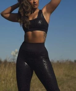Wolf & Whistle Black Wet Leopard Look Black Sports Bra Curve