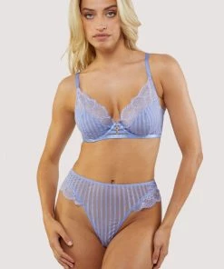 Wolf & Whistle Saretta Cornflower Blue Stripe Mesh And Lace High Waist Thong