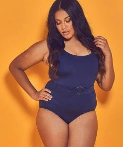 Swimwear Wolf & Whistle Navy Belted Plunge Swimsuit Curve
