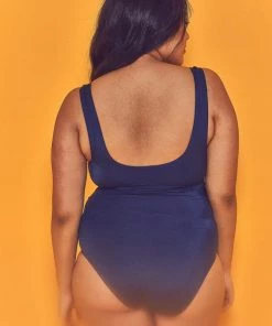 Swimwear Wolf & Whistle Navy Belted Plunge Swimsuit Curve