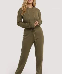 Wolf & Whistle Lounge Khaki Knitted Rib Cropped Hoodie Outlet