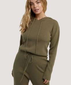 Wolf & Whistle Lounge Khaki Knitted Rib Cropped Hoodie Outlet