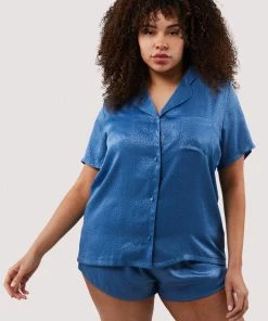 Wolf & Whistle Blue Jacquard Pyjama Top & Shorts Set