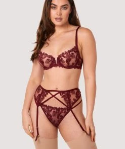 Wolf & Whistle Eva Dark Cherry Graphic Embroidery Suspender Suspenders