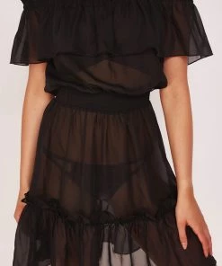 Wolf & Whistle Swimwear Bardot Frill Black Beach Dress