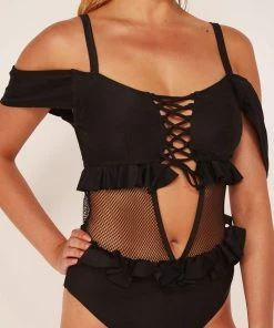 Wolf & Whistle Black Lace Up Swimsuit