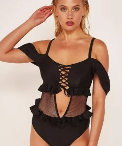Wolf & Whistle Black Lace Up Swimsuit