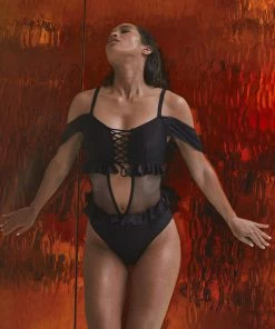 Wolf & Whistle Black Lace Up Swimsuit