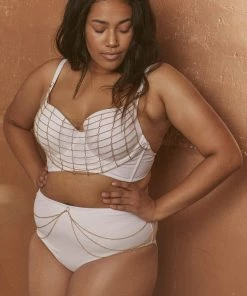 Wolf & Whistle Swimwear Goldie White High Waist Bikini Brief With Removable Chain Curve
