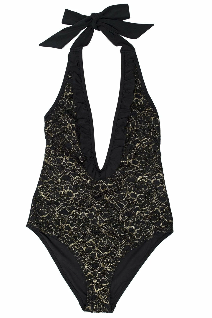 Wolf & Whistle Leah Gold Lace Front Plunge Swimsuit Curve 5 Wolf & Whistle Leah Gold Lace Front Plunge Swimsuit Curve