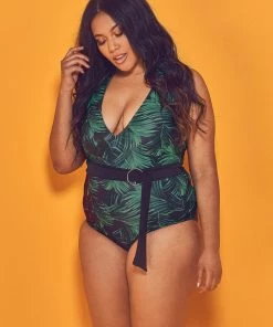 Wolf & Whistle Palm Plunge Belted Swimsuit Curve