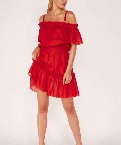 Wolf & Whistle Red Bardot Frill Beach Dress