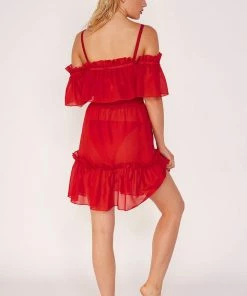 Wolf & Whistle Red Bardot Frill Beach Dress